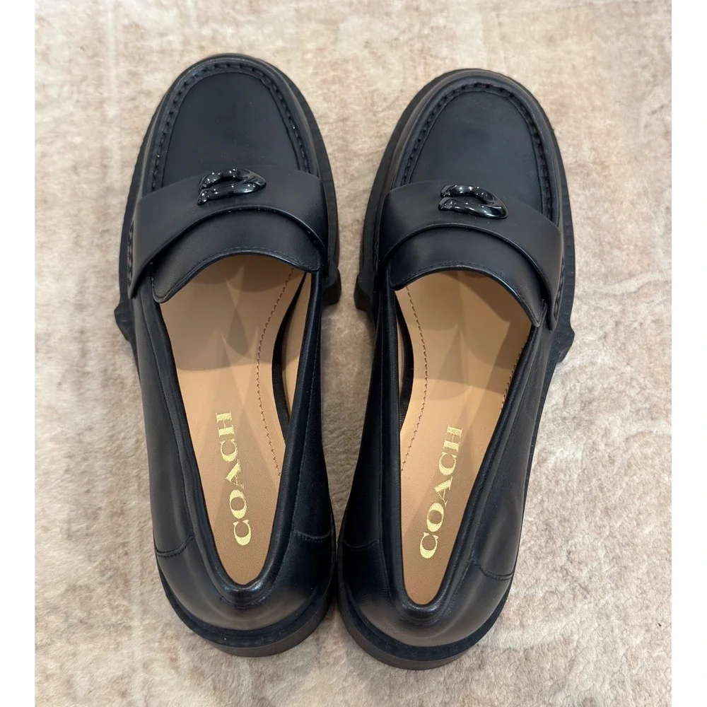 Coach Leah Leather Platform Lug Sole Loafers Black Size 7.5B